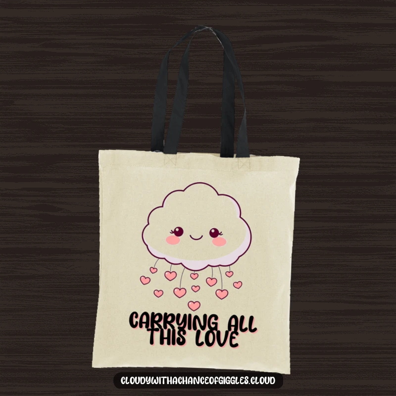 Funny tote bag showcasing a round, fluffy cloud character with a cheerful face, raining down small, adorable hearts.