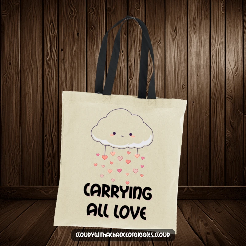 Funny tote bag with a fluffy white cloud raining tiny, happy hearts, perfect for carrying daily items with a joyful message, a funny gift.