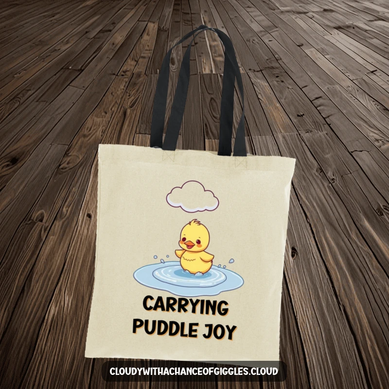 Funny Duckling Puddle Splash Tote Bag, showing a happy duckling splashing in a puddle under a cloud, great for everyday use.