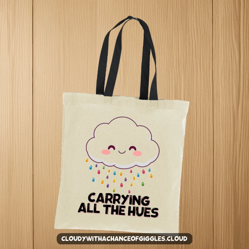 Funny fluffy cloud raining colorful tiny raindrops, a cute and humorous tote bag.