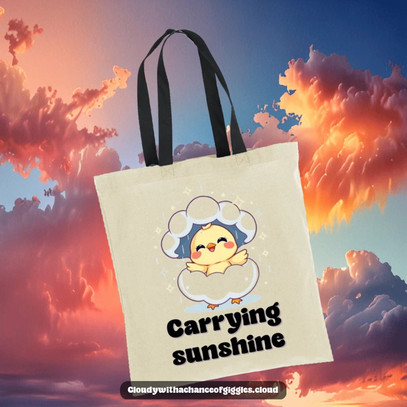 Funny giggling chick hatching from a rain cloud tote bag, perfect for carrying essentials with a cheerful vibe.
