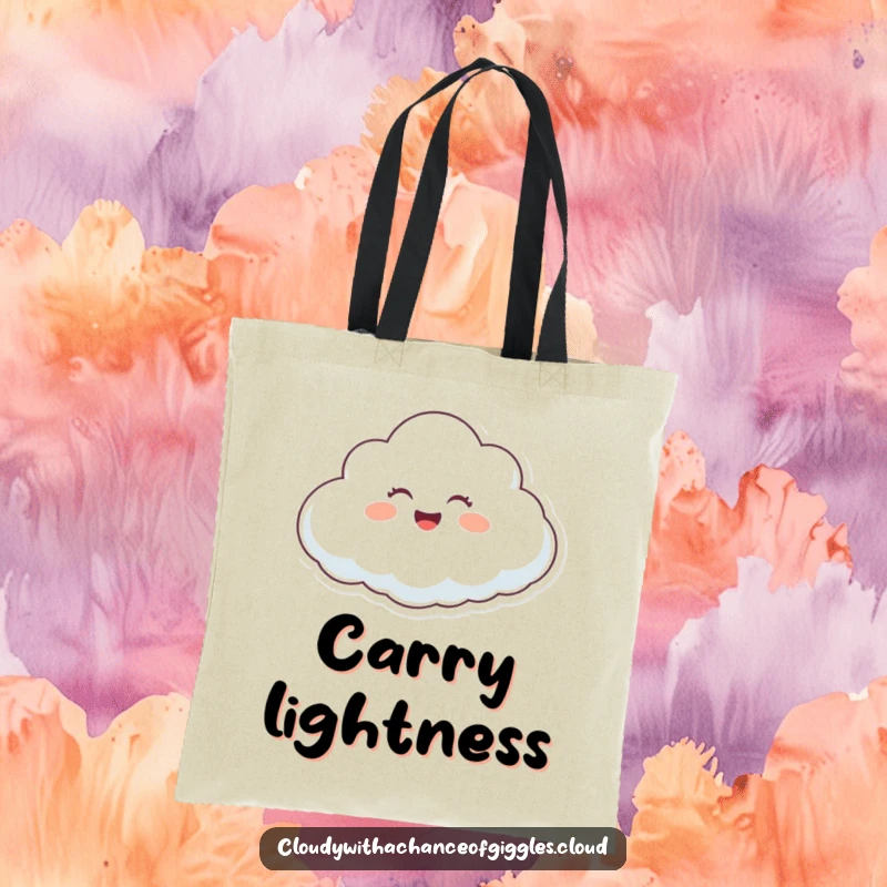 Funny happy cloud character giggling while floating on a gentle breeze, printed on a stylish and funny tote bag.