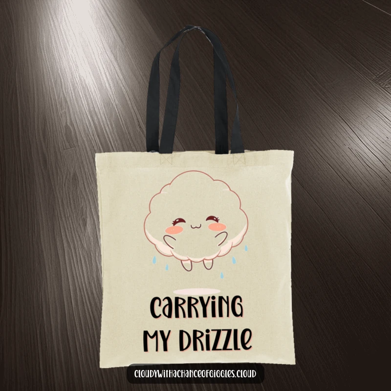 Funny fluffy white cloud with rosy cheeks, joyfully jumping and raining, on a tote bag, for cheerful errands.
