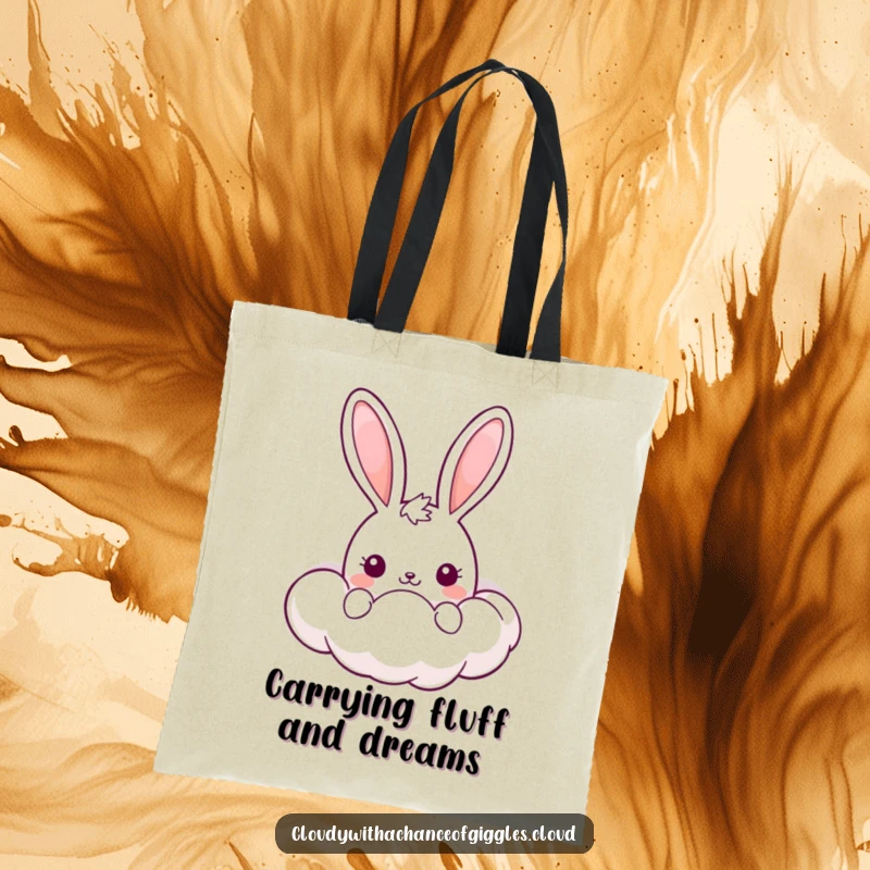 Funny Kawaii Bunny Tote Bag: A charming bunny peeking from a smiling cloud, ideal for carrying your items with a touch of humor.