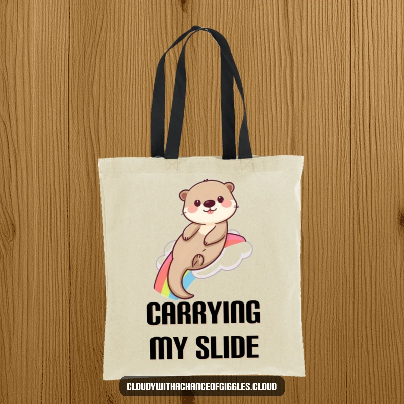 Funny playful otter slides down a rainbow from a fluffy cloud, featured on this cheerful and functional tote bag.