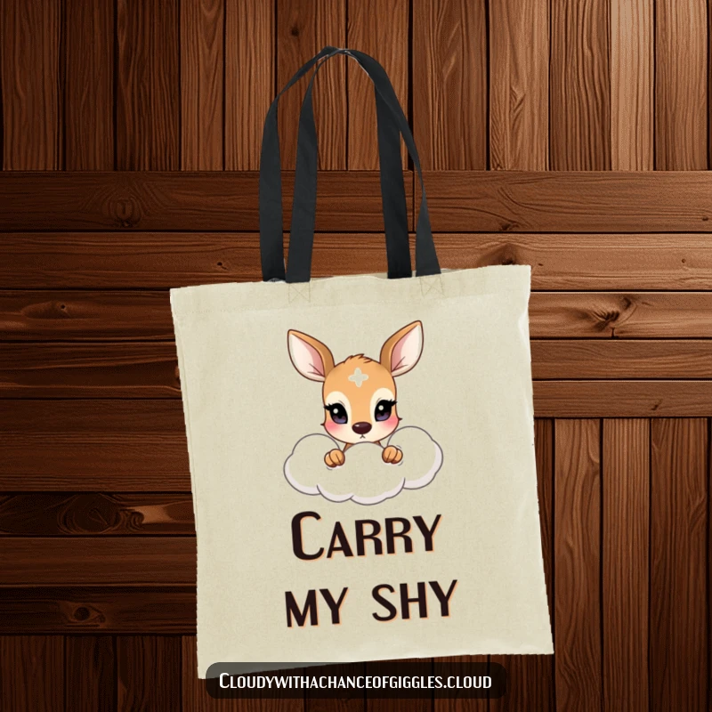 Funny tote bag with a shy deer and wide eyes peeking from a soft cloud, cute and practical for carrying essentials.