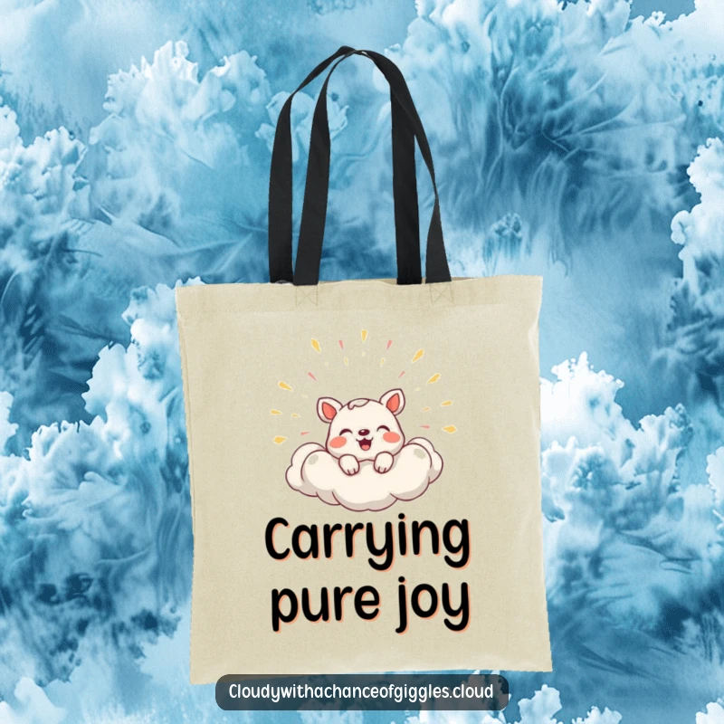 Funny Tote Bag showing a shy animal peeking from a cloud that is humorously bursting with laughter.