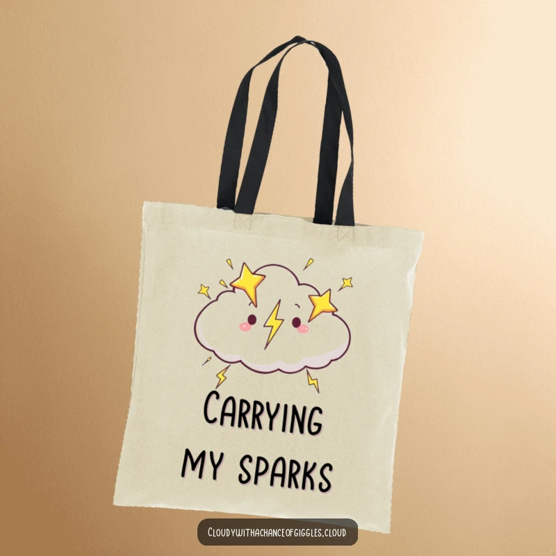 Funny cloud tote bag, a cloud zipping across the sky, trailing lightning bolts shaped like stars, perfect for carrying items.