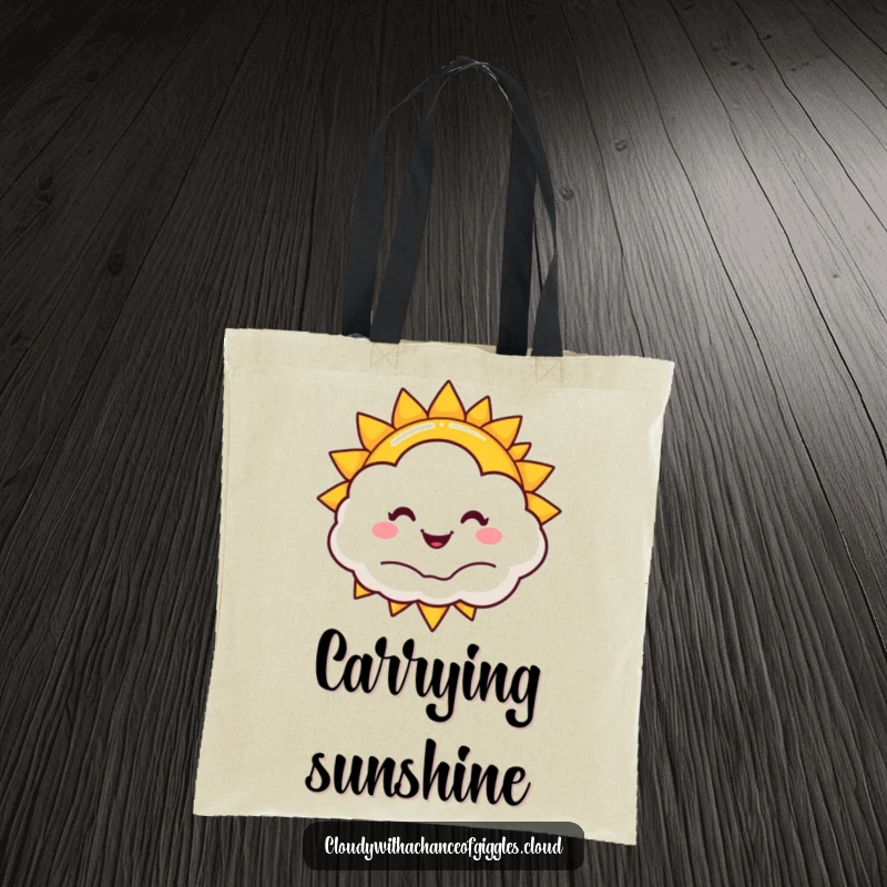 Funny sun and cloud tote bag, a smiling sun peeking from a happy cloud, a cheerful and humorous accessory.