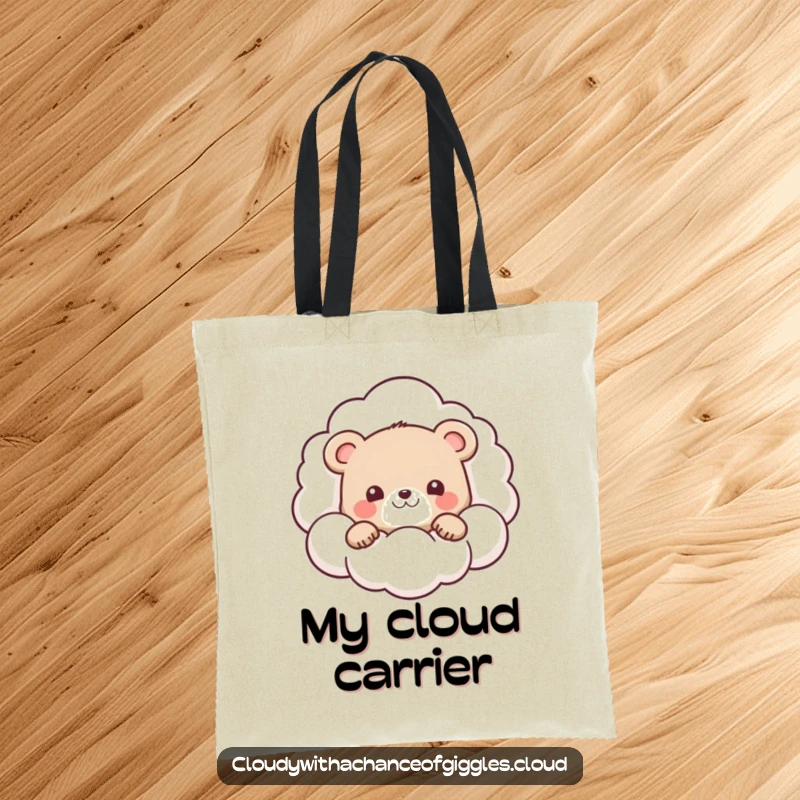 Funny tote bag with a cute bear cub character peeking playfully from behind a large, smiling cloud.