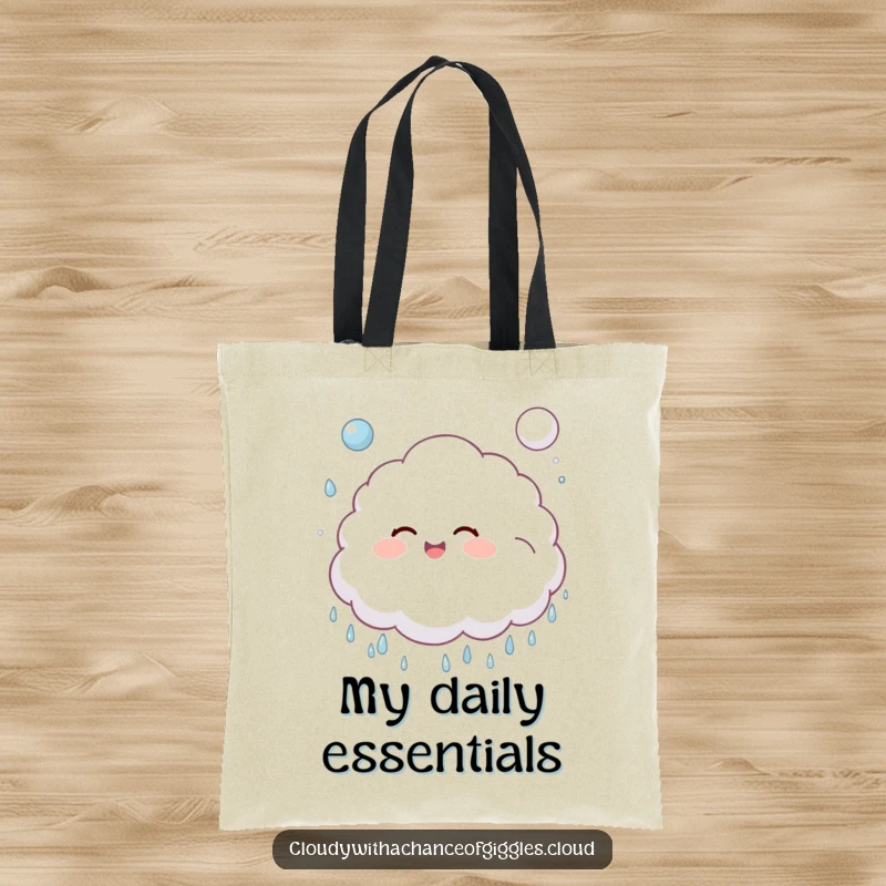 Funny, fluffy cloud child giggling and bouncing a soft, puffy raindrop like a ball on a tote bag.
